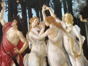 Sandro Botticelli's "Primavera" plays a pivotal role in Weeping Virgin. The youth on the left is Giuliano de' Medici, Lorenzo de' Medici's brother, who has been assassinated at the beginning of the story.