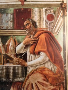 This is the "Saint Augustine" Sandro painted in the Vespucci family church in 1480. He is finishing it as the story opens; and a "clue" he paints into it leads to the resolution of the story. (The hidden note was discovered by restorers relatively recently.)  The painting (fresco) remains in the church today: Ognissanti, or The Church of All Saints.  